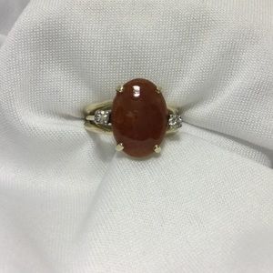 14k Gold Red Jade And Diamond Ring